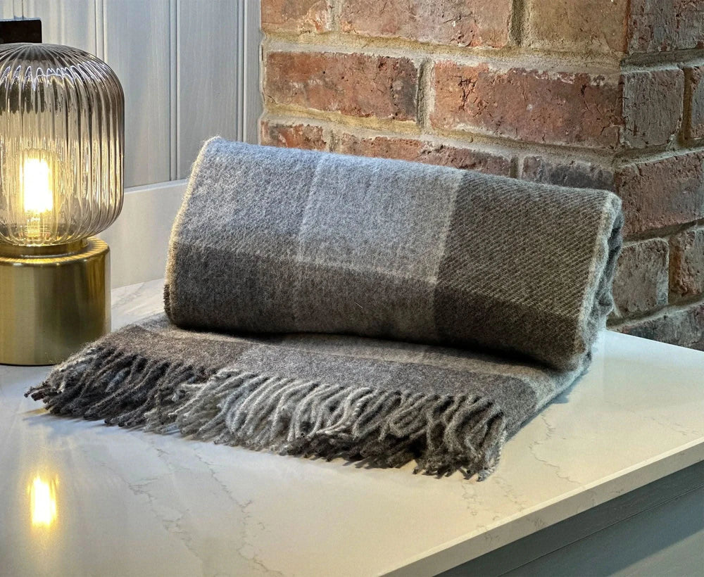100% Lambswool Block Check Throw Grey Homeware WoW