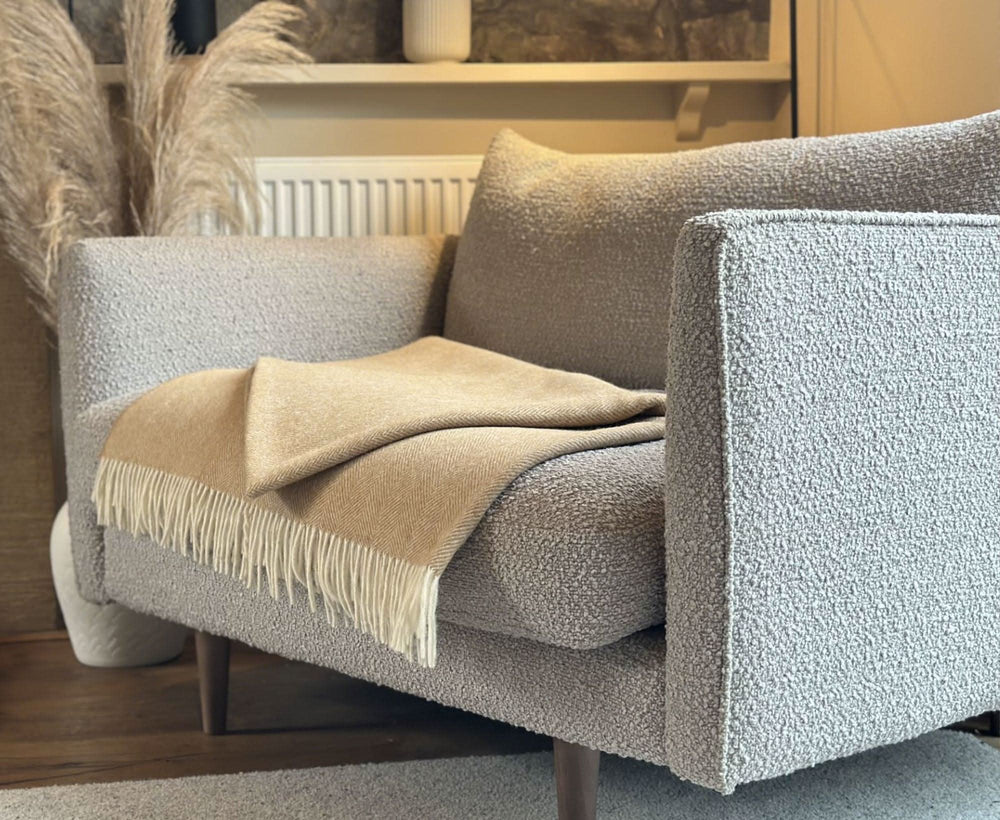 100% Lambswool Herringbone Throw Biscuit Homeware WoW