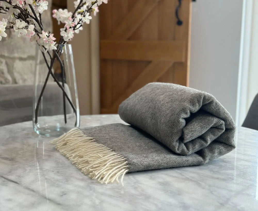 100% Lambswool Herringbone Throw Light Grey Homeware WoW