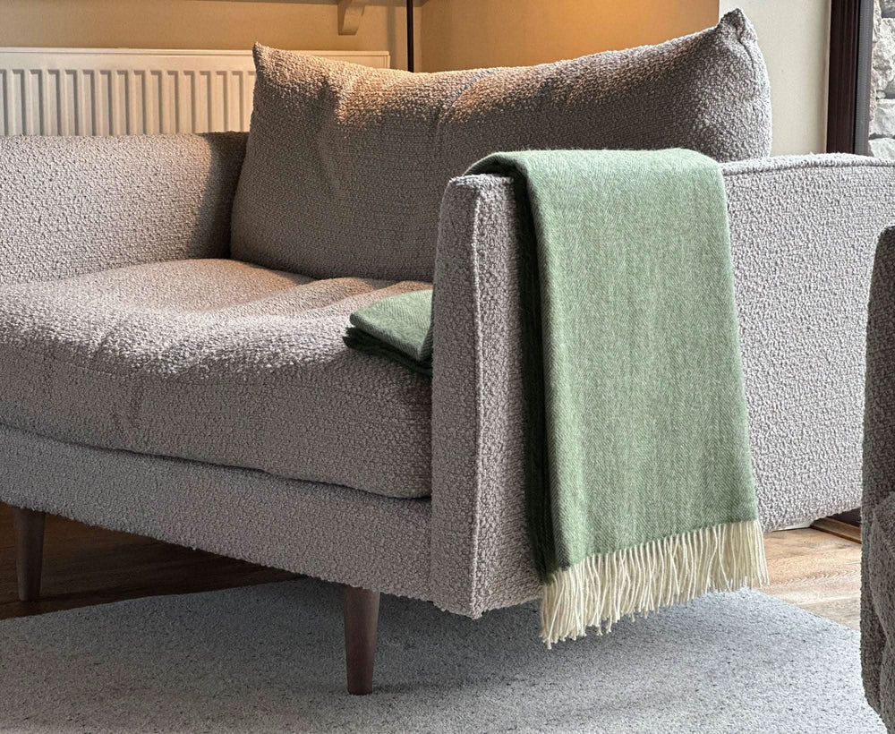100% Lambswool Herringbone Throw Olive Green Homeware WoW
