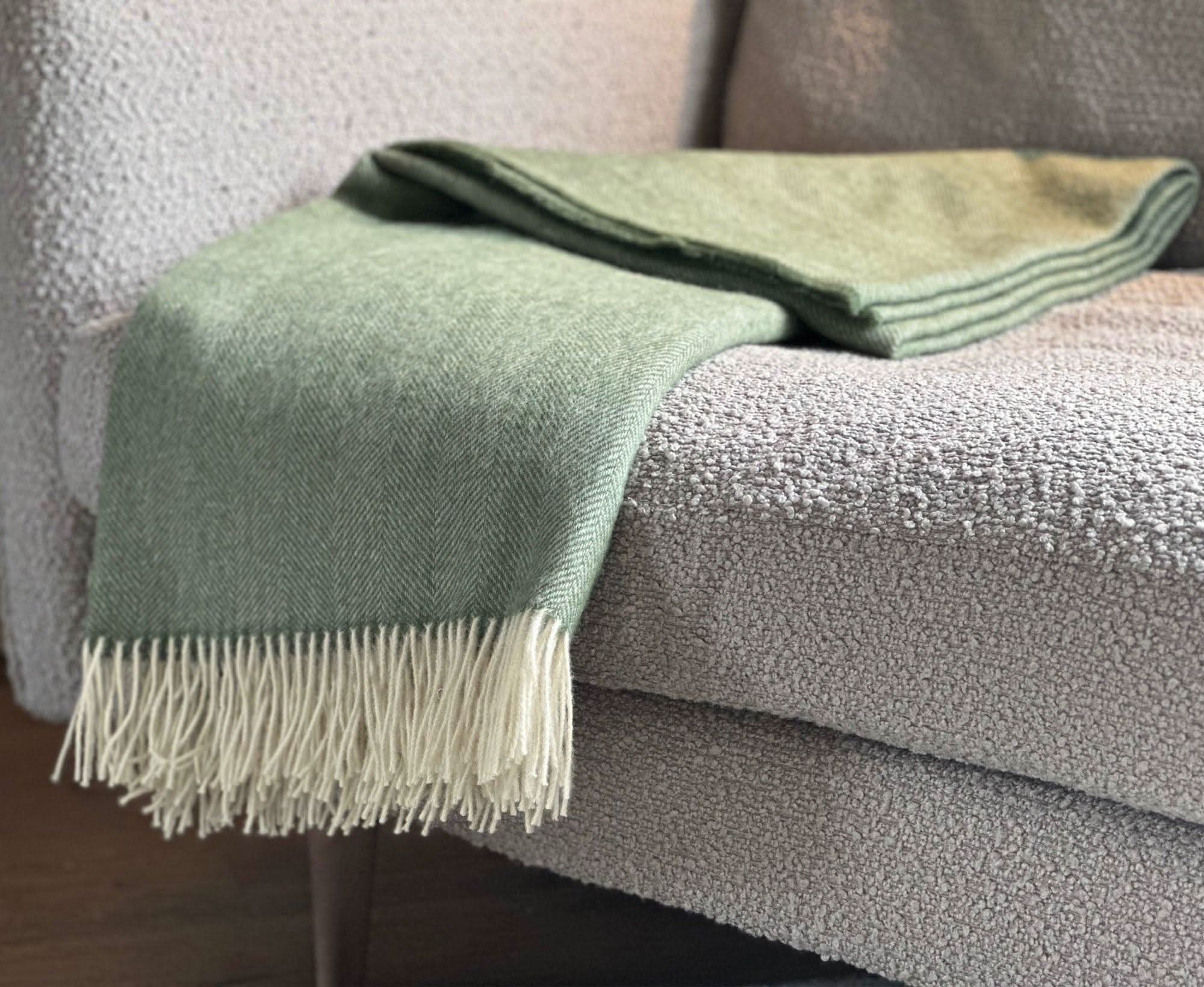 100% Lambswool Herringbone Throw Olive Green - Main Image
