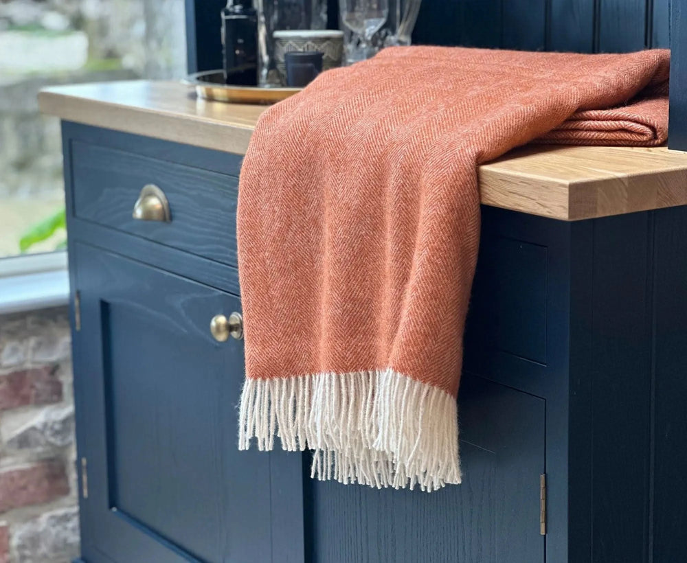 100% Lambswool Herringbone Throw Paprika Orange Homeware WoW