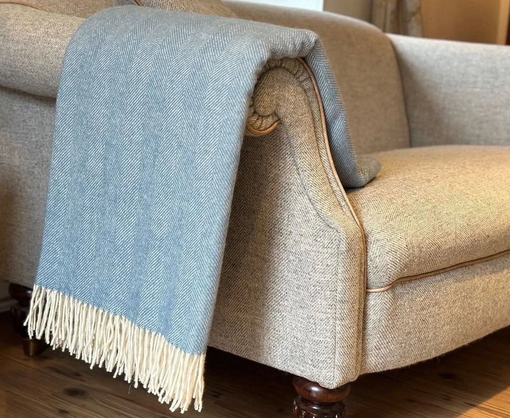 100% Lambswool Herringbone Throw Sea Breeze Blue Homeware WoW