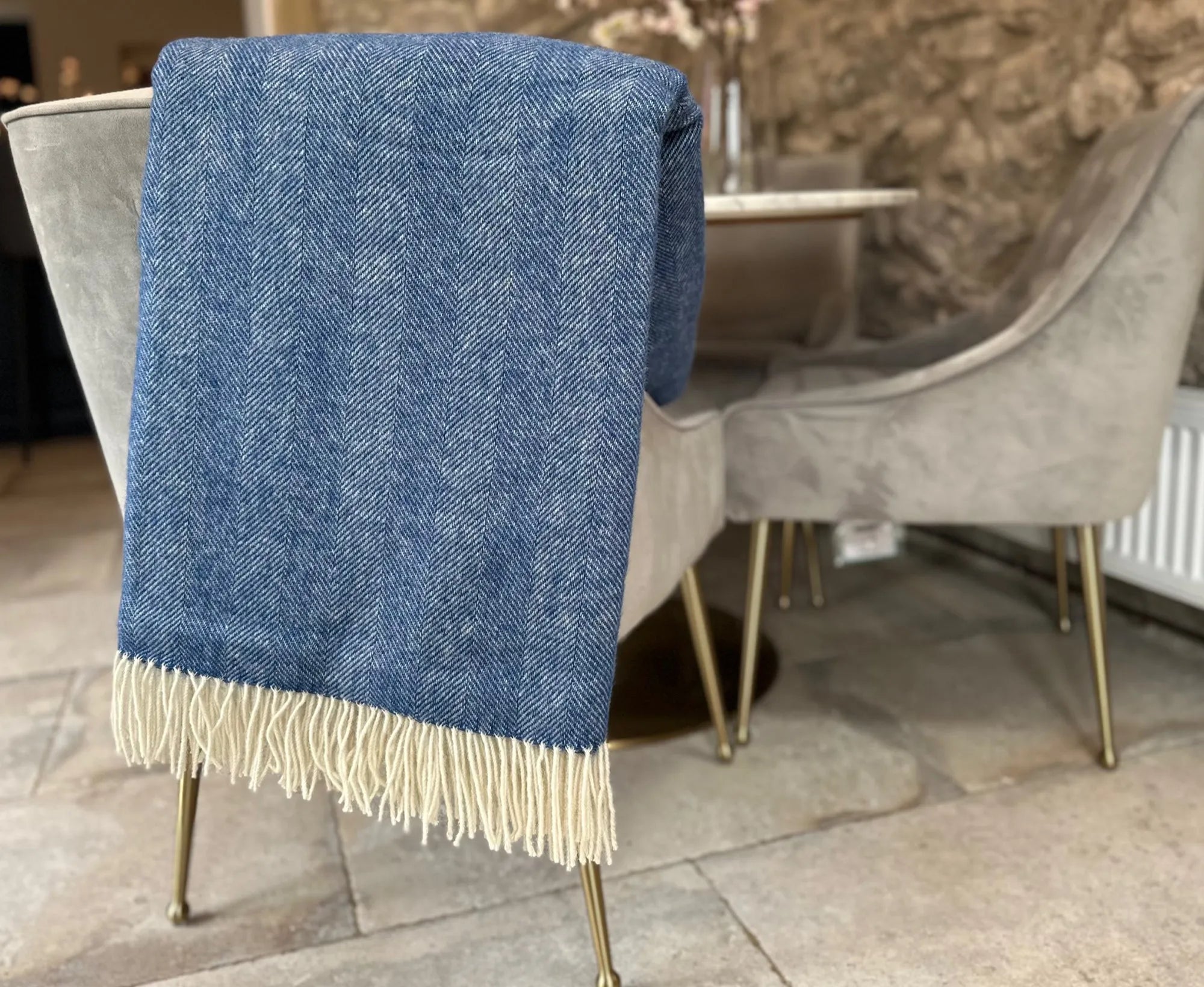 100% Lambswool Herringbone Throw Air Force Blue.