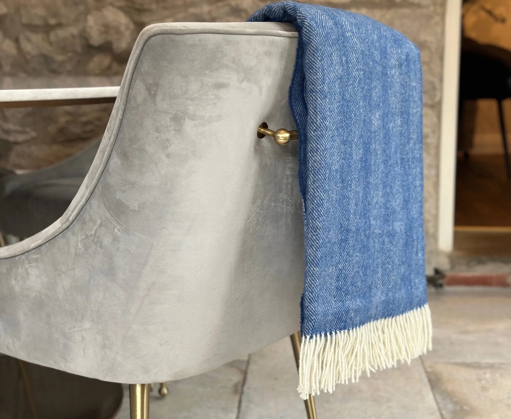 100% Lambswool Herringbone Throw Air Force Blue.