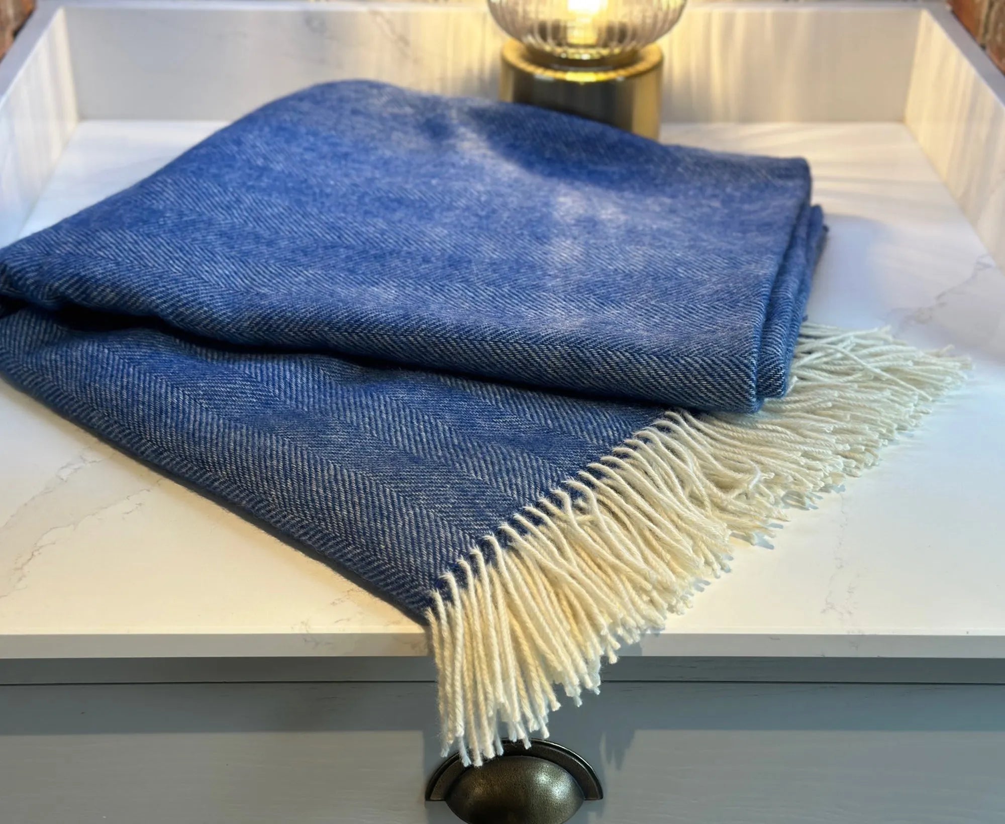 100% Lambswool Herringbone Throw Air Force Blue.