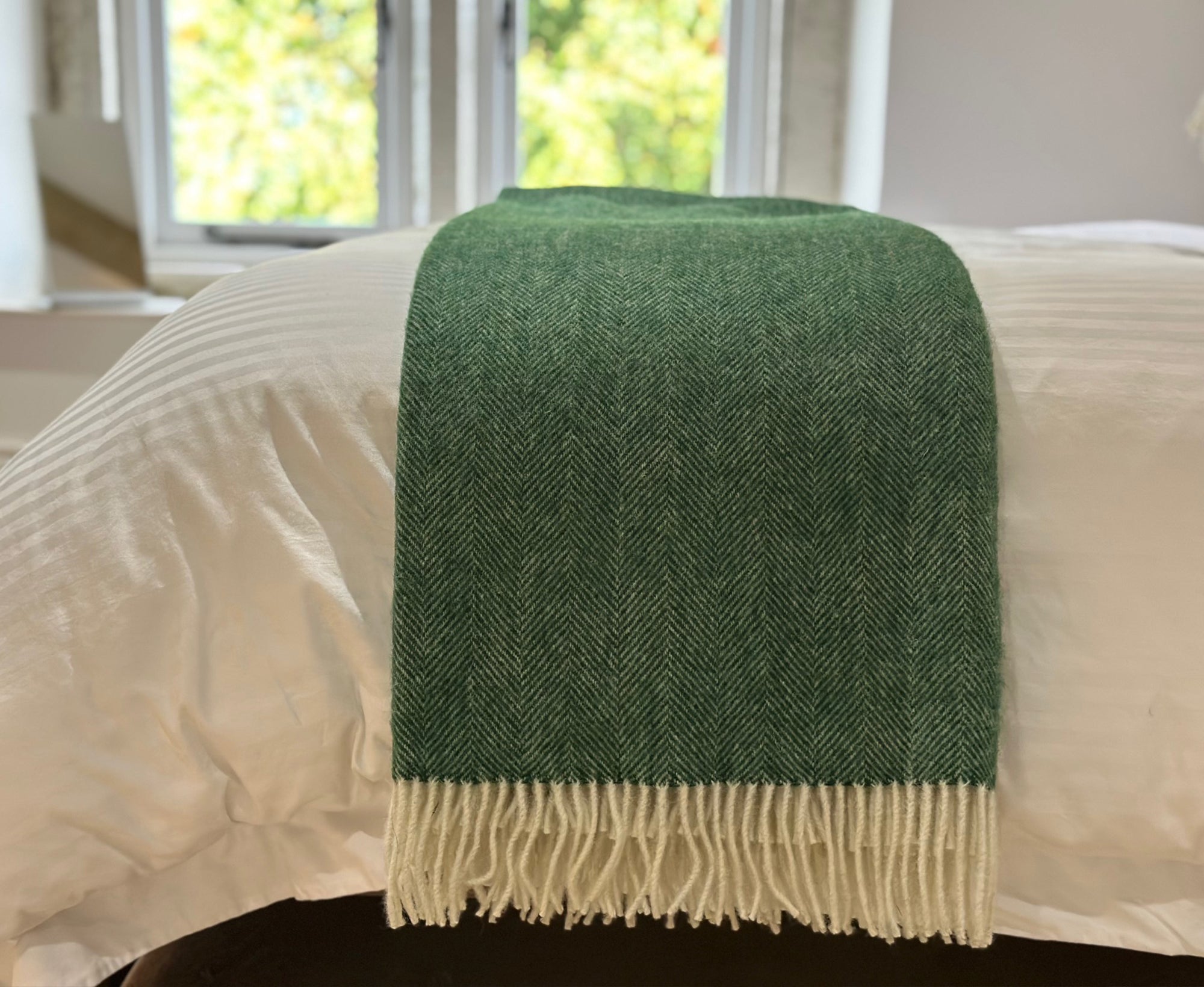 100% Lambswool Herringbone Throw Bottle Green.