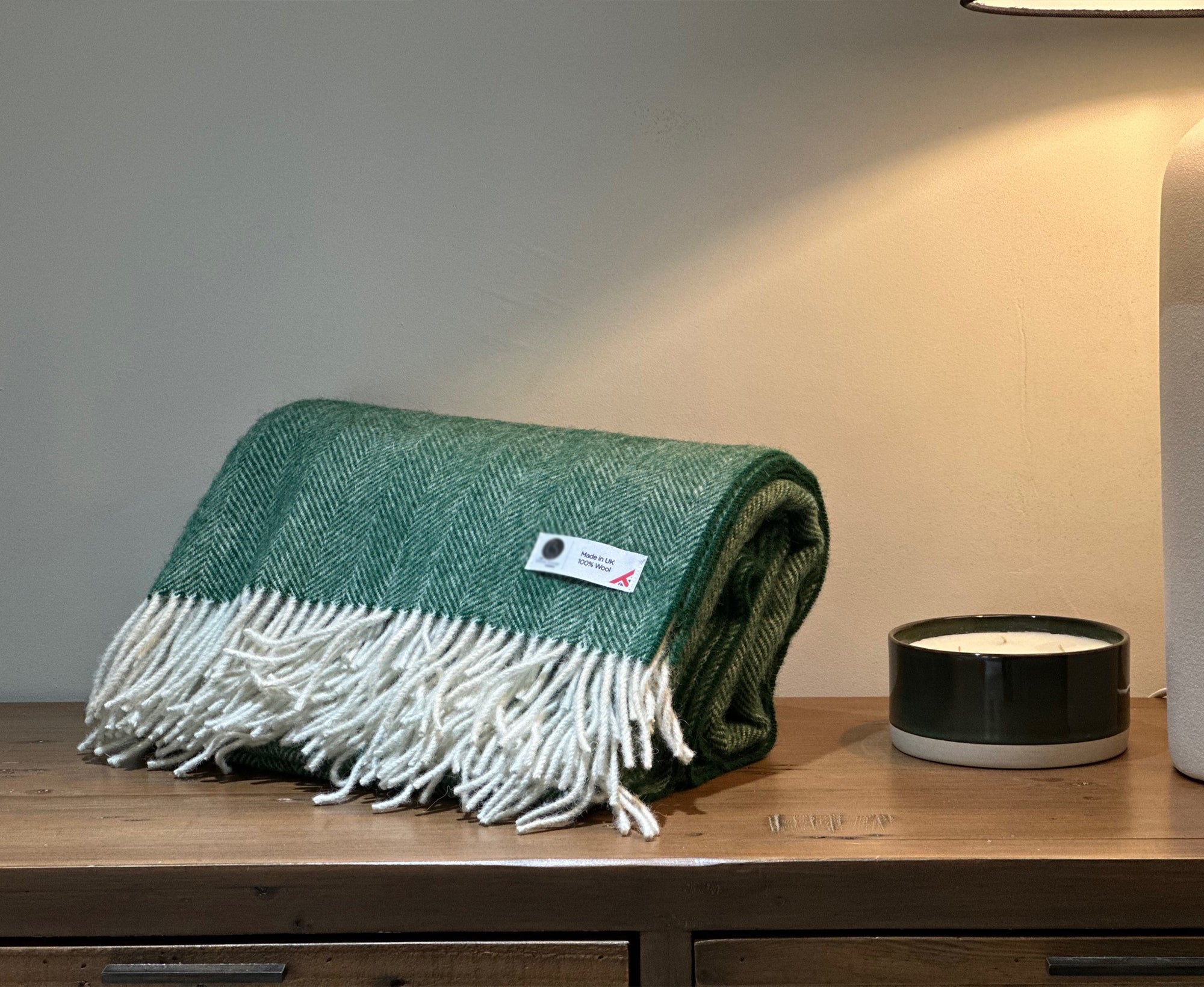 100% Lambswool Herringbone Throw Bottle Green.
