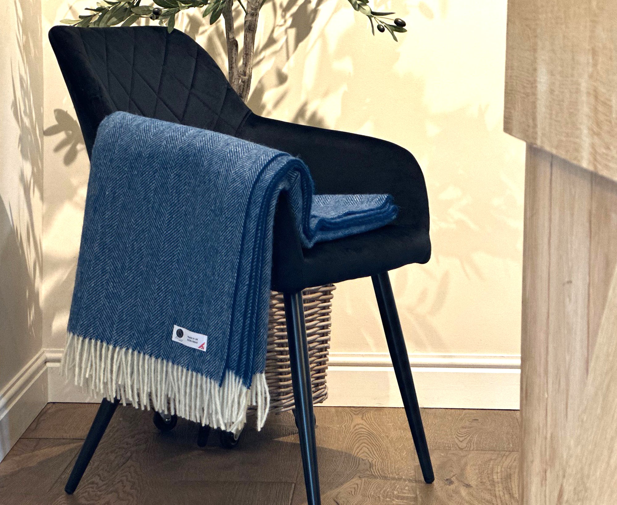 100% Lambswool Herringbone Throw Denim Blue.