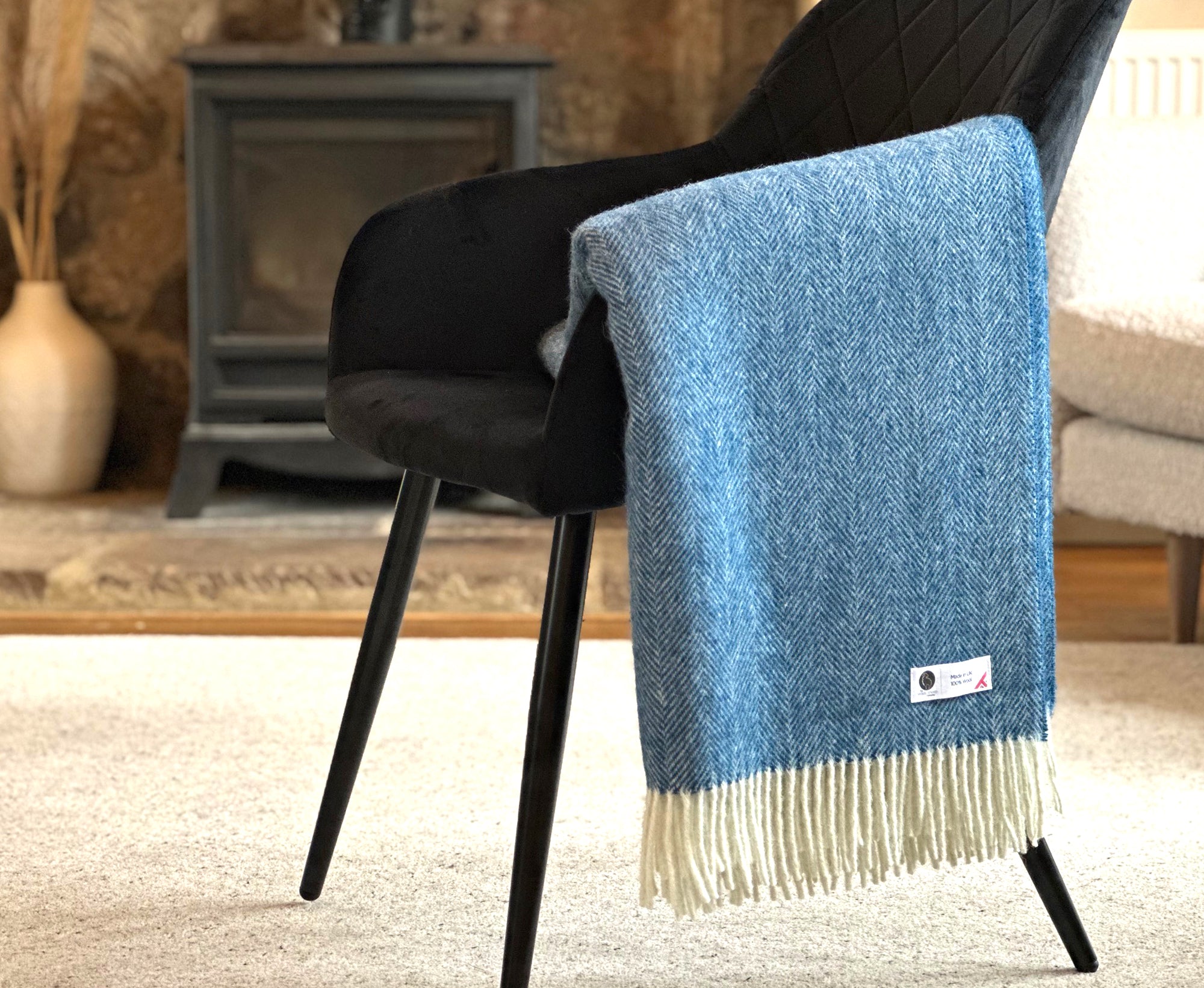 100% Lambswool Herringbone Throw Denim Blue.