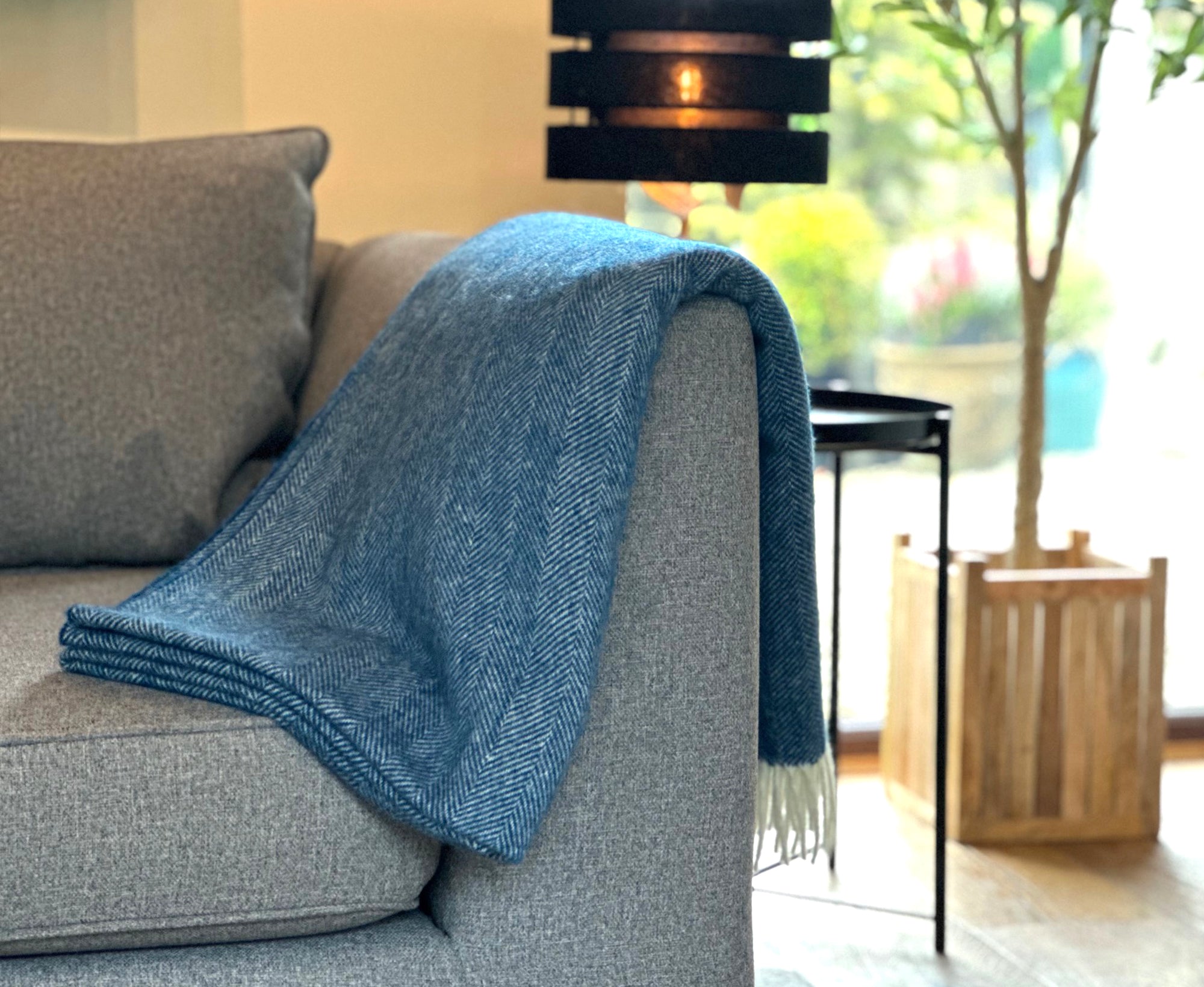 100% Lambswool Herringbone Throw Denim Blue.