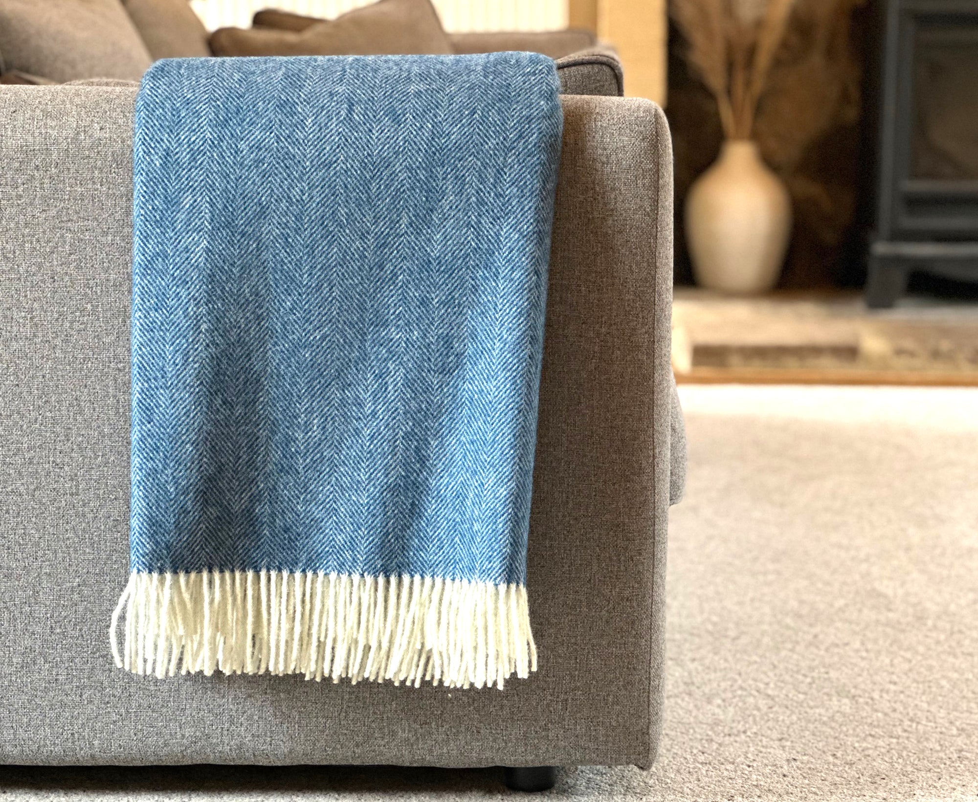 100% Lambswool Herringbone Throw Denim Blue.