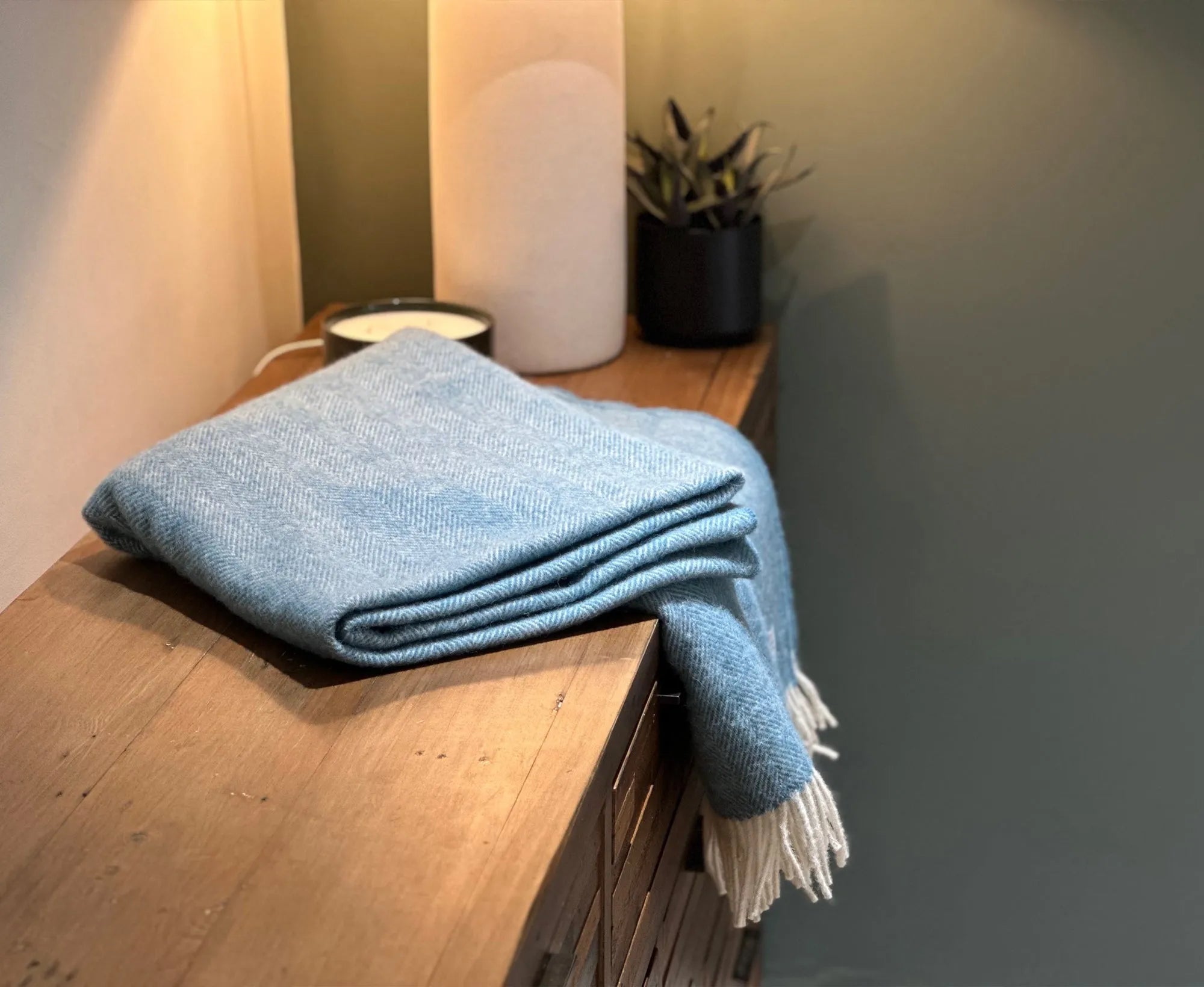 100% Lambswool Herringbone Throw Duck Egg Blue.