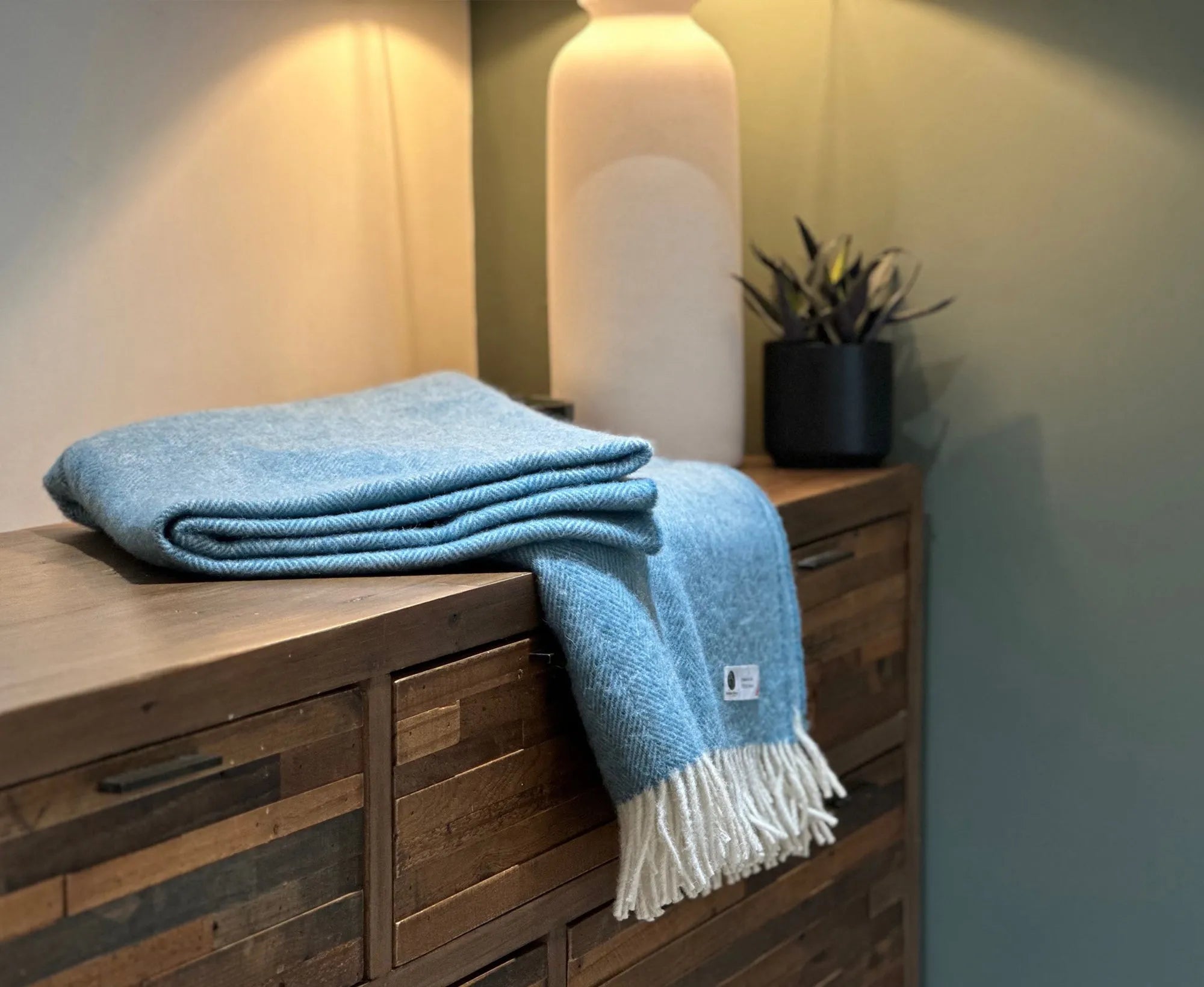 100% Lambswool Herringbone Throw Duck Egg Blue.