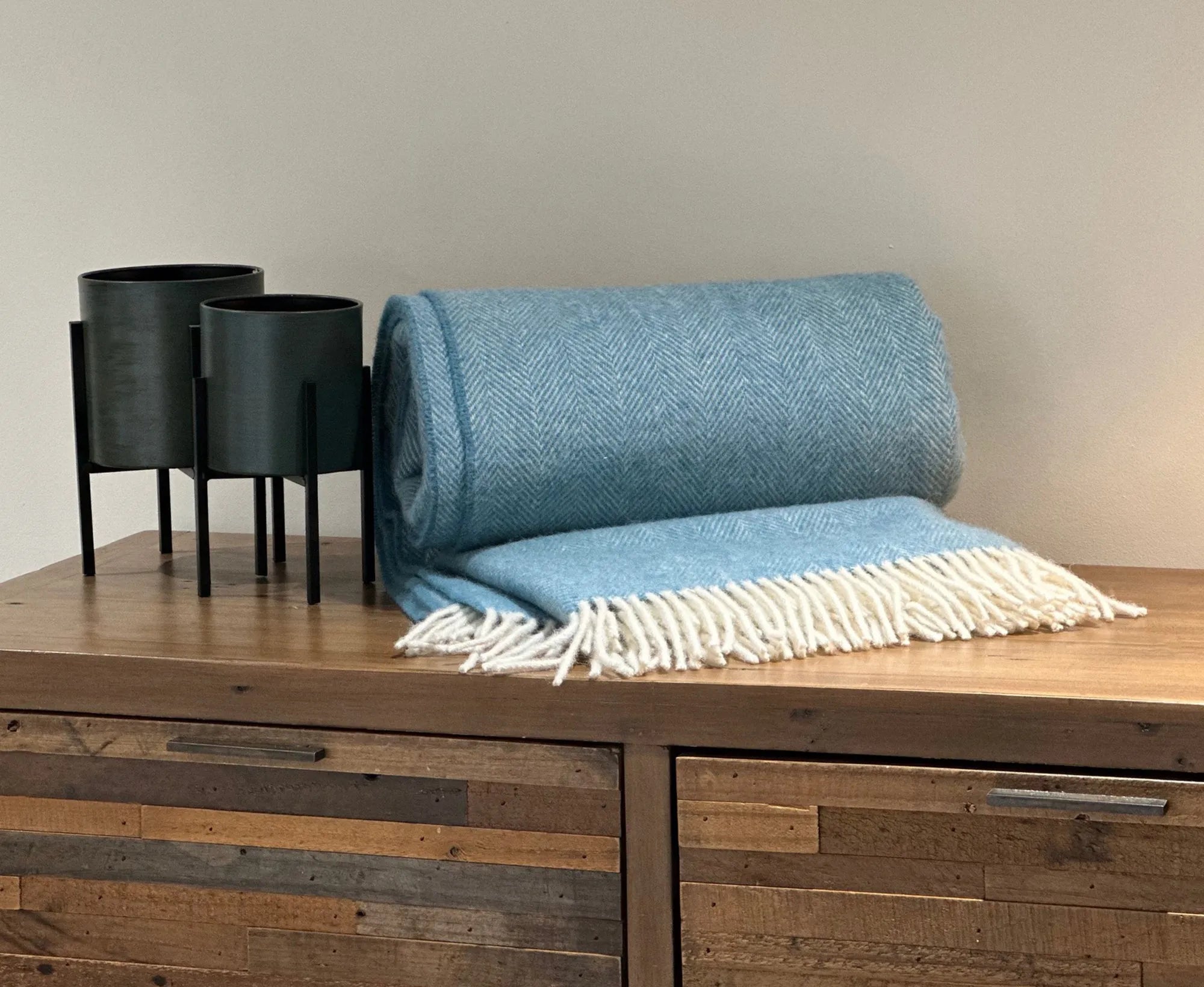 100% Lambswool Herringbone Throw Duck Egg Blue.