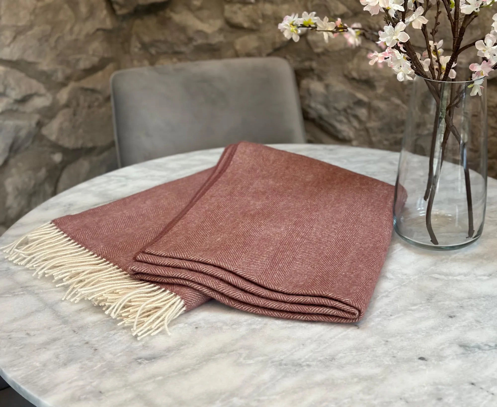 100% Lambswool Herringbone Throw Dusky Pink.