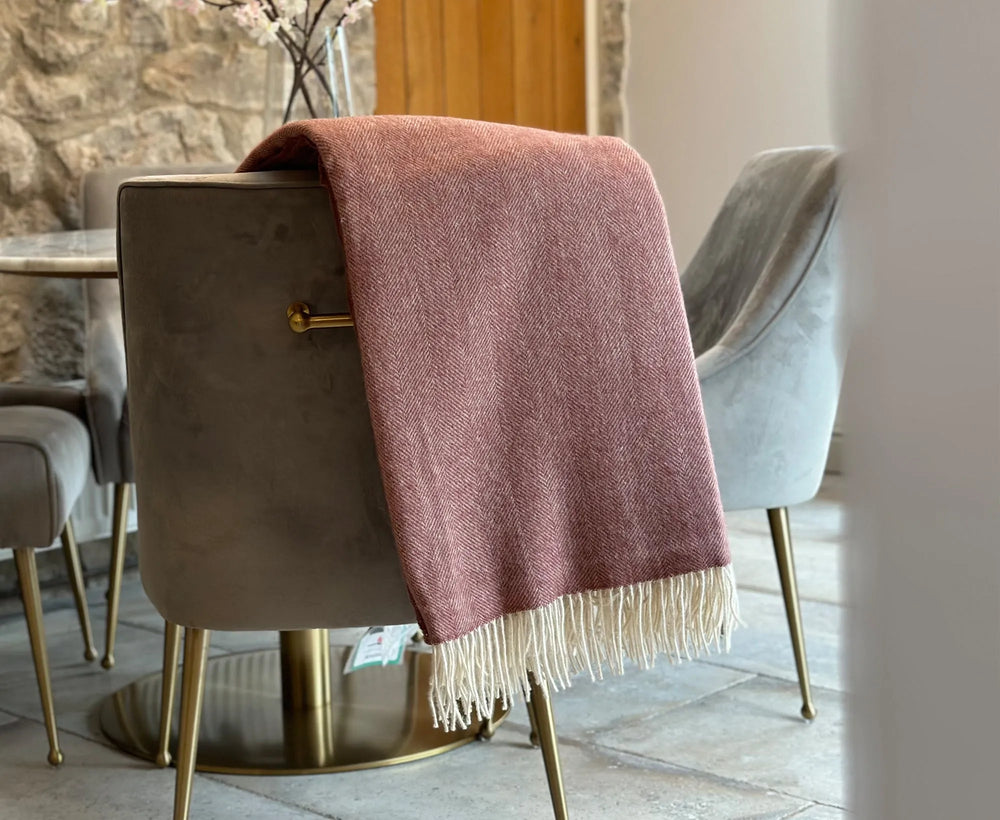 100% Lambswool Herringbone Throw Dusky Pink.
