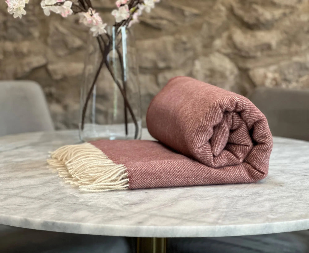 100% Lambswool Herringbone Throw Dusky Pink.