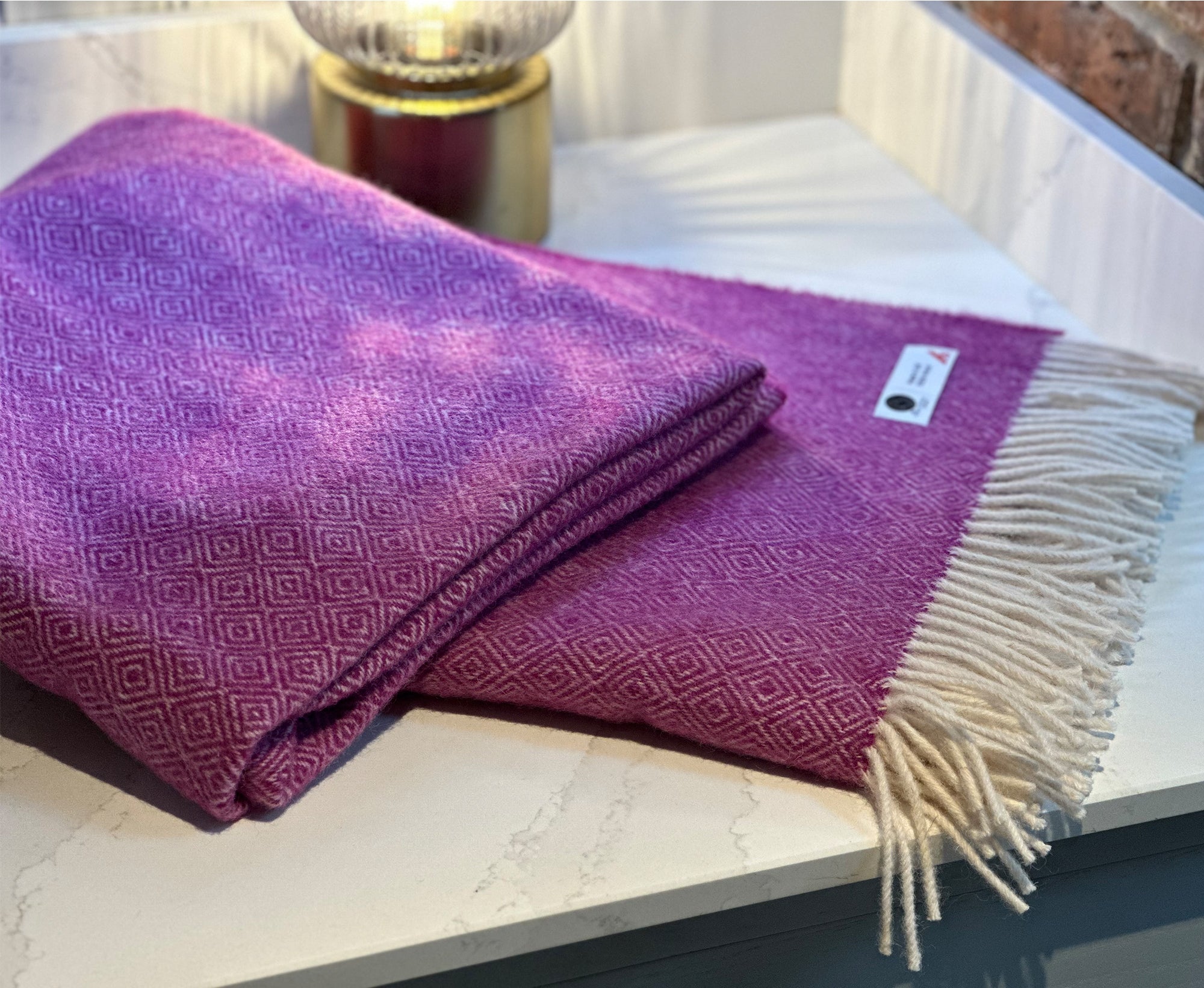 100% Lambswool Diamond Throw Fuchsia Pink.