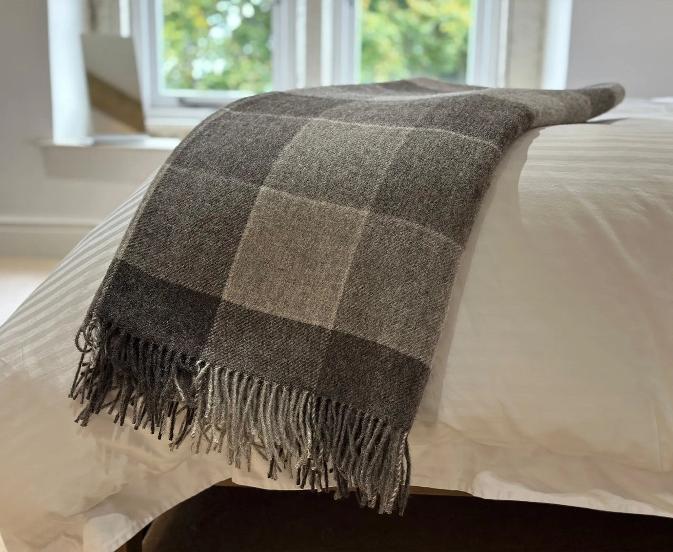 100% Lambswool Block Check Throw Grey.
