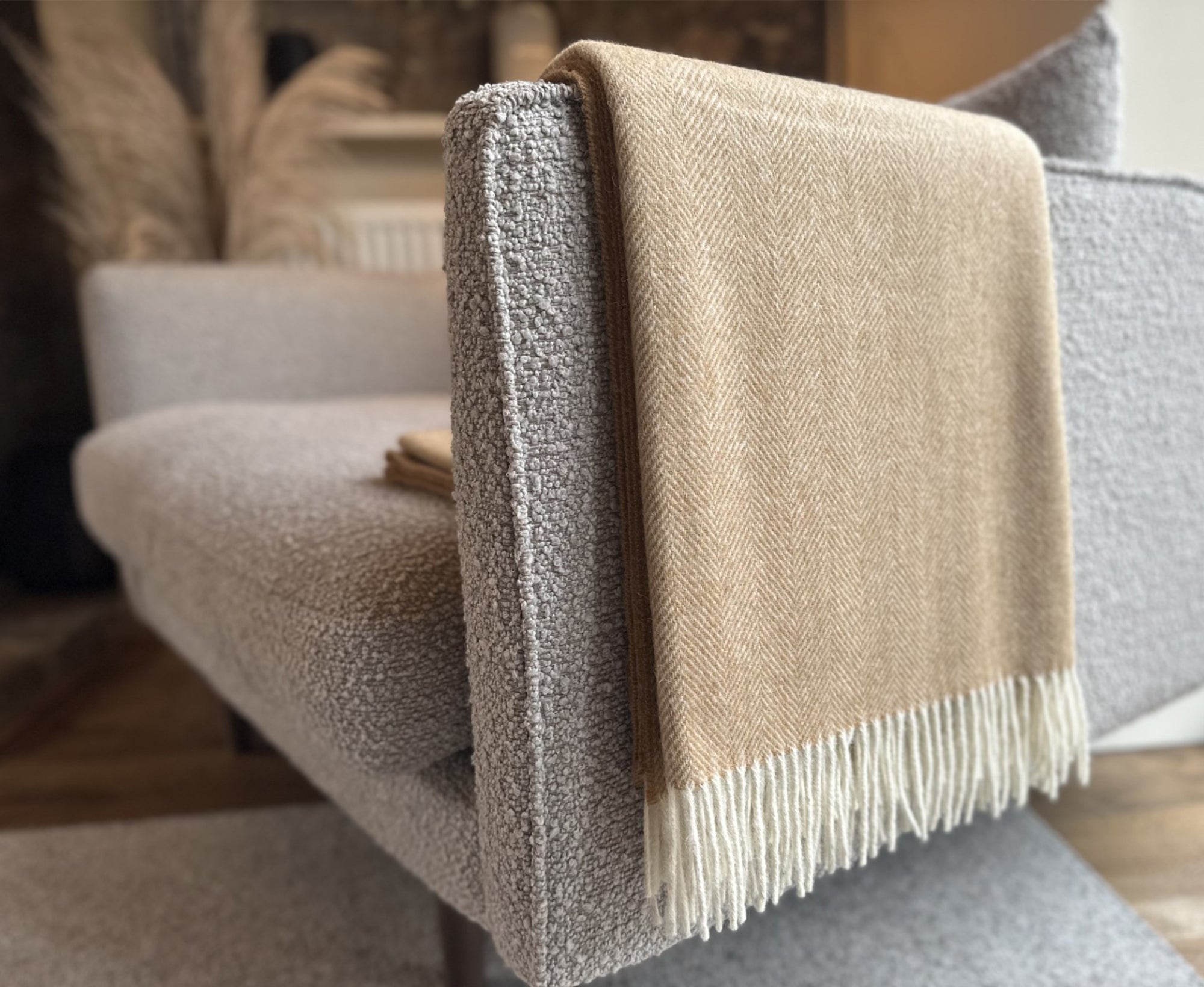 100% Lambswool Herringbone Throw Biscuit.
