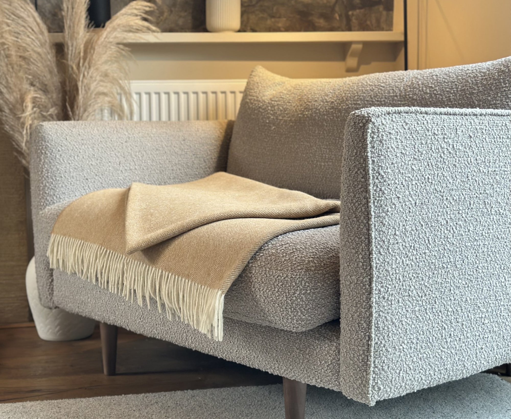 100% Lambswool Herringbone Throw Biscuit.