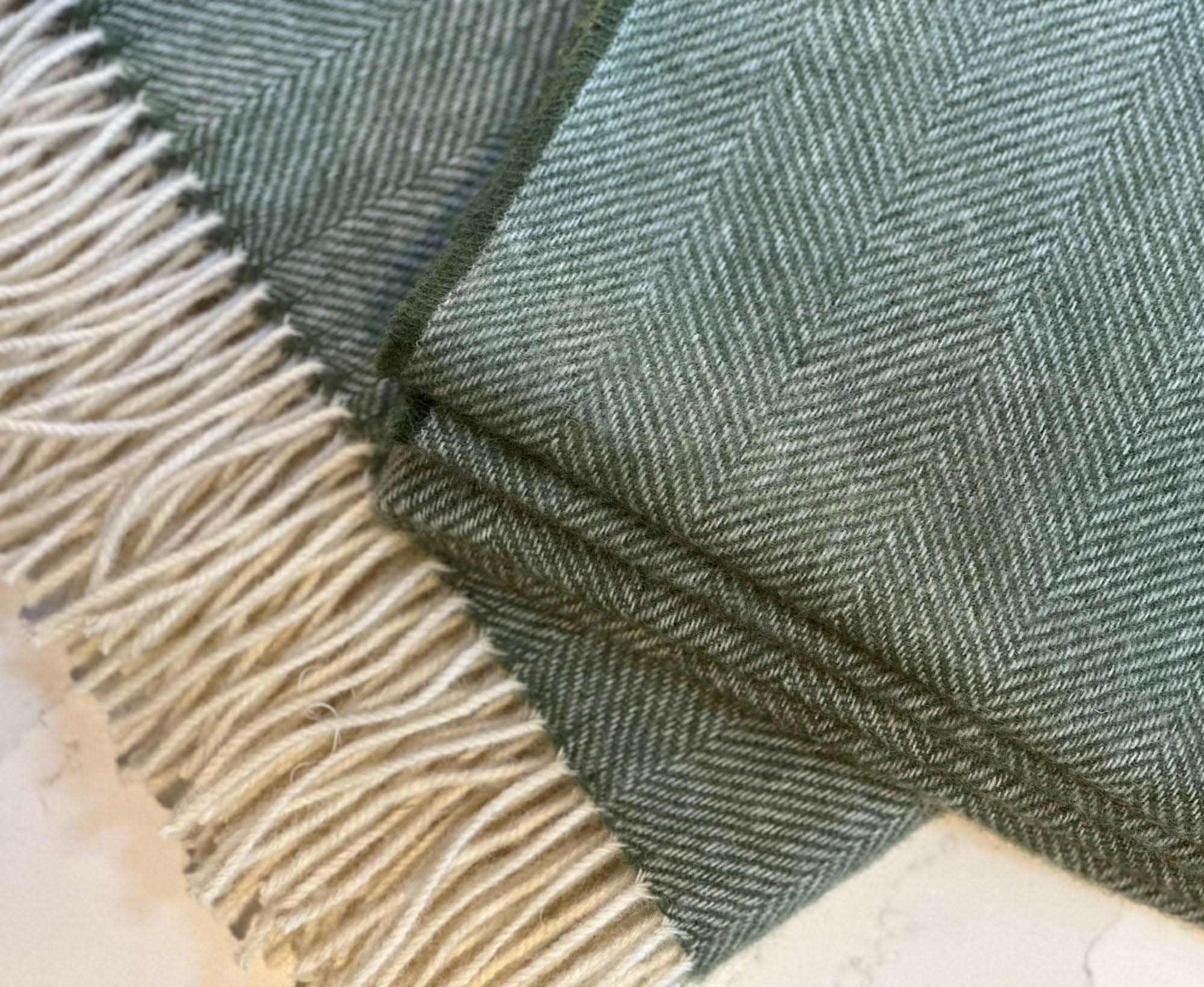 100% Lambswool Herringbone Throw Olive Green - Main Image