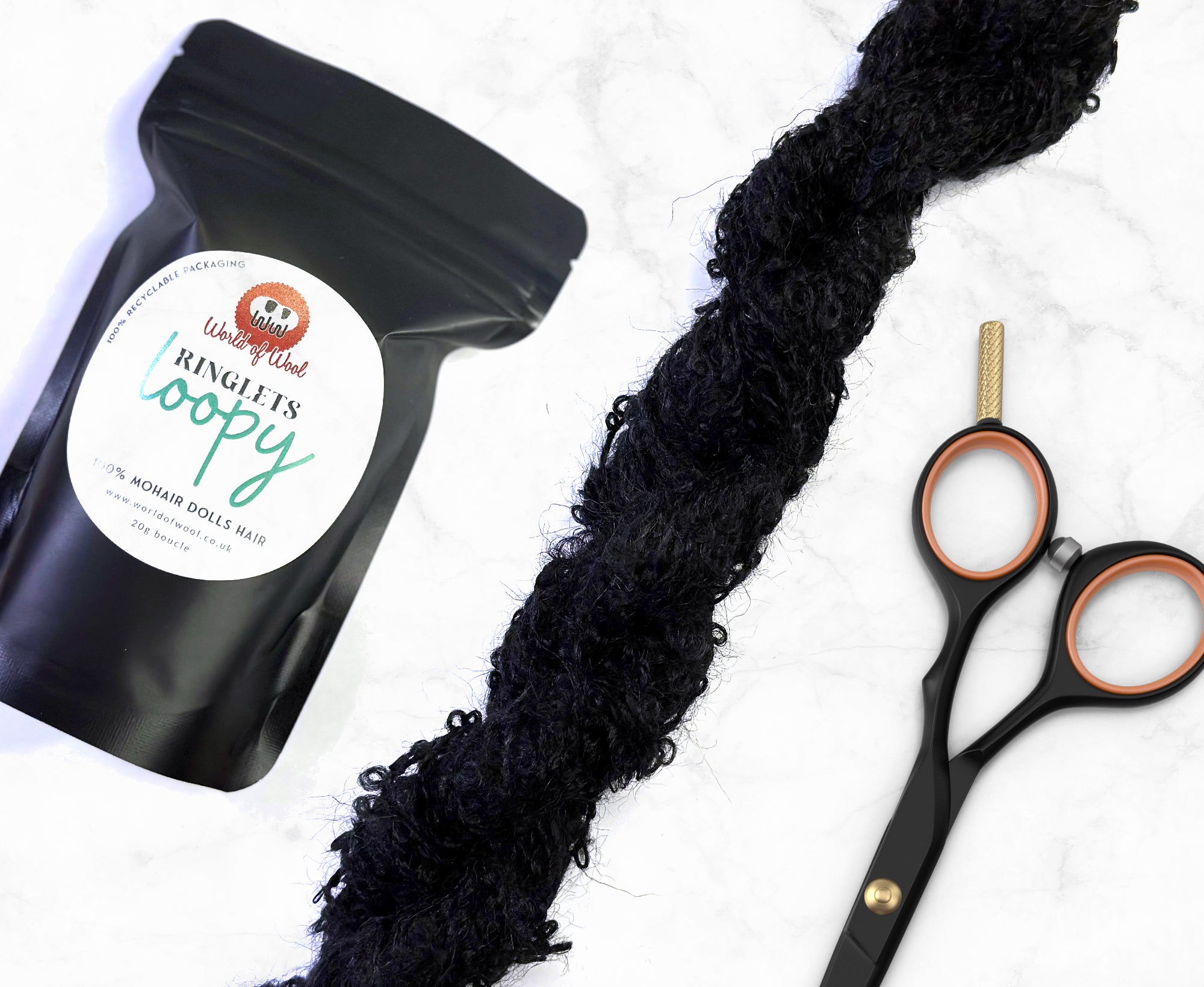 Jet Black Loopy Ringlets Dolls Hair.