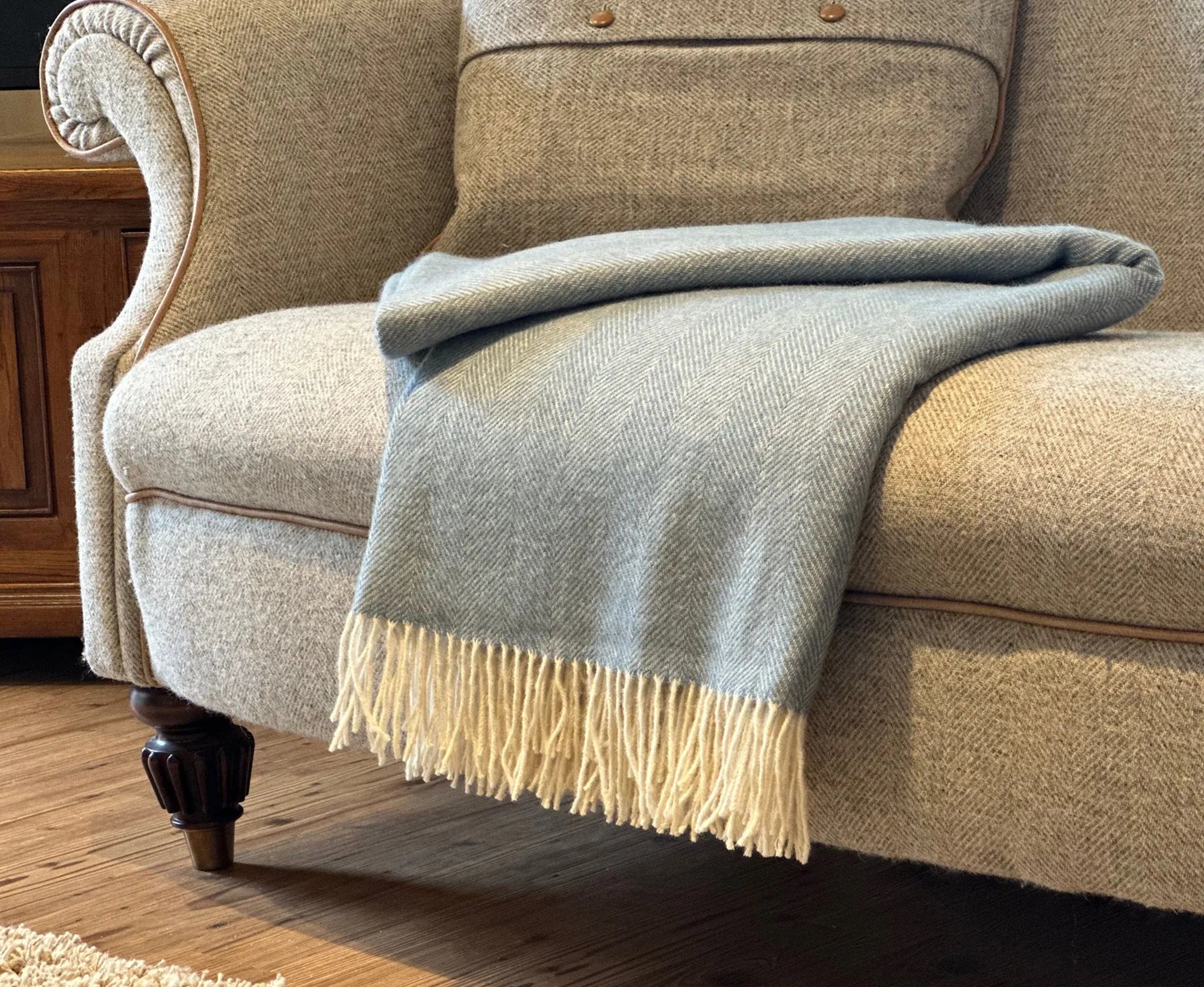 100% Lambswool Herringbone Throw Sea Breeze Blue.