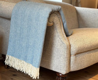 100% Lambswool Herringbone Throw Sea Breeze Blue.