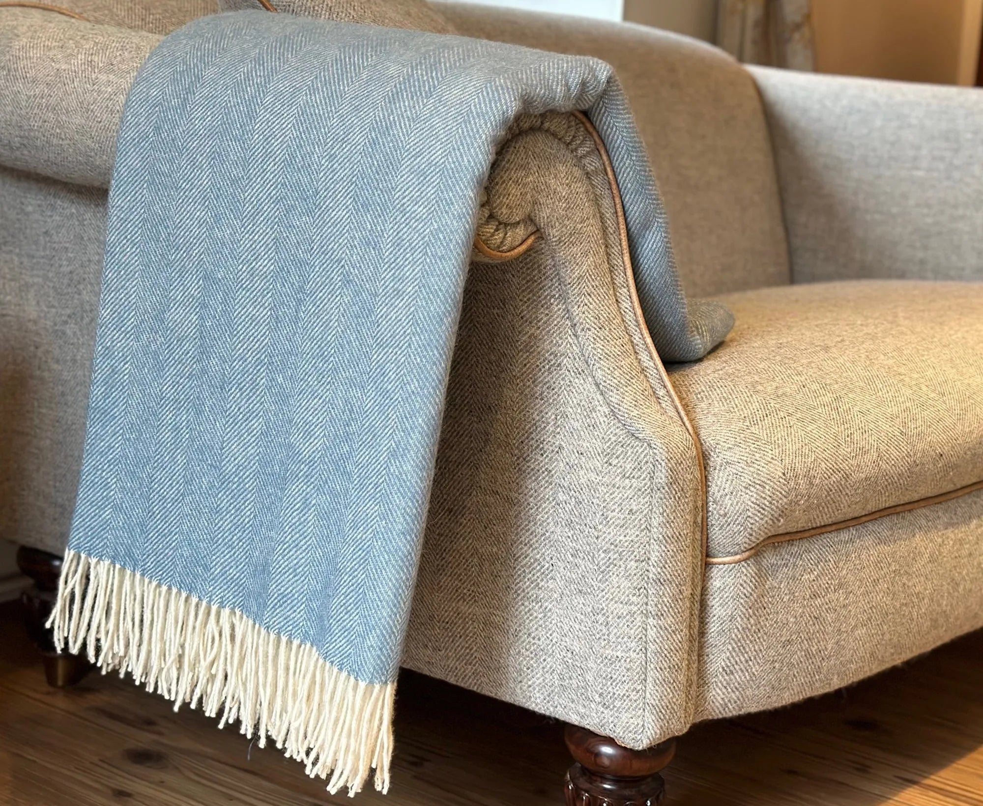 100% Lambswool Herringbone Throw Sea Breeze Blue.
