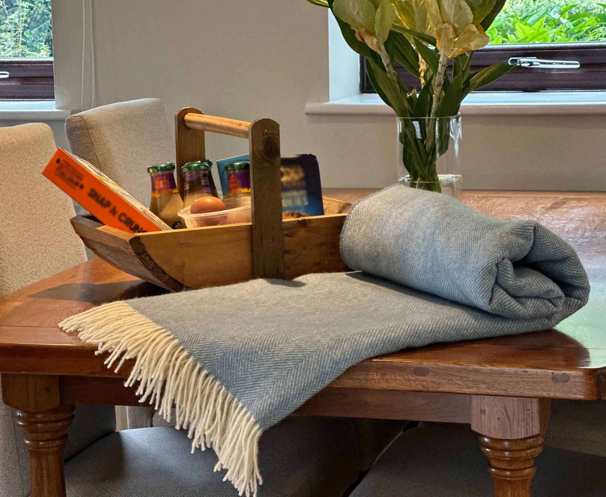 100% Lambswool Herringbone Throw Sea Breeze Blue.